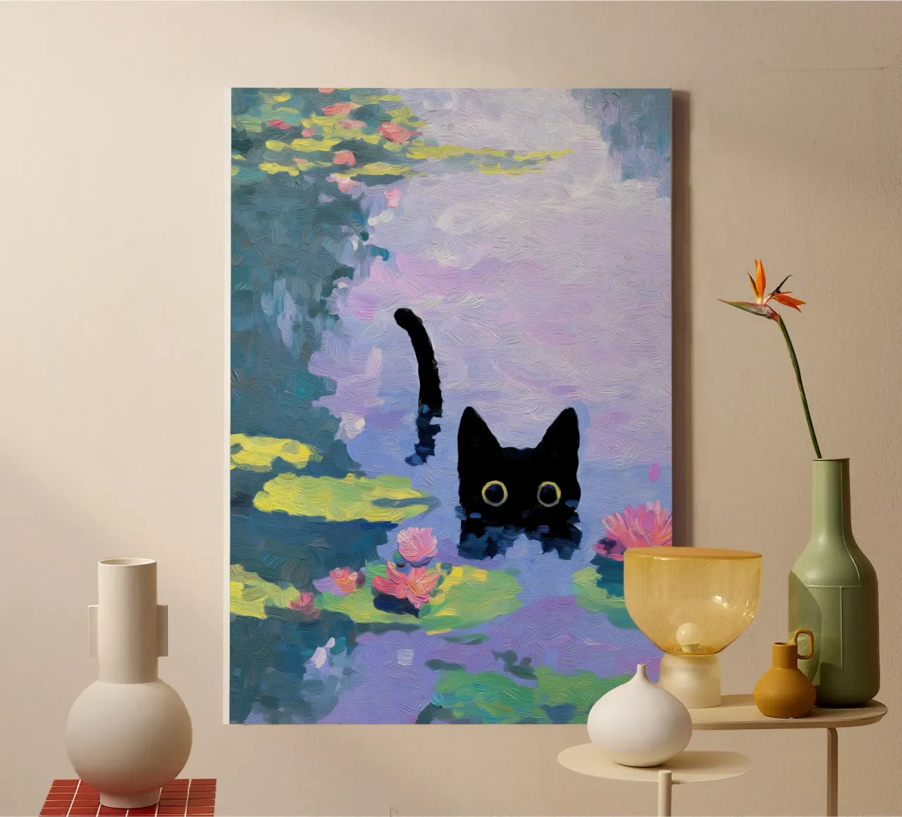 Funny Cat Swimming canvas with Floater frame by Fleur de Lys