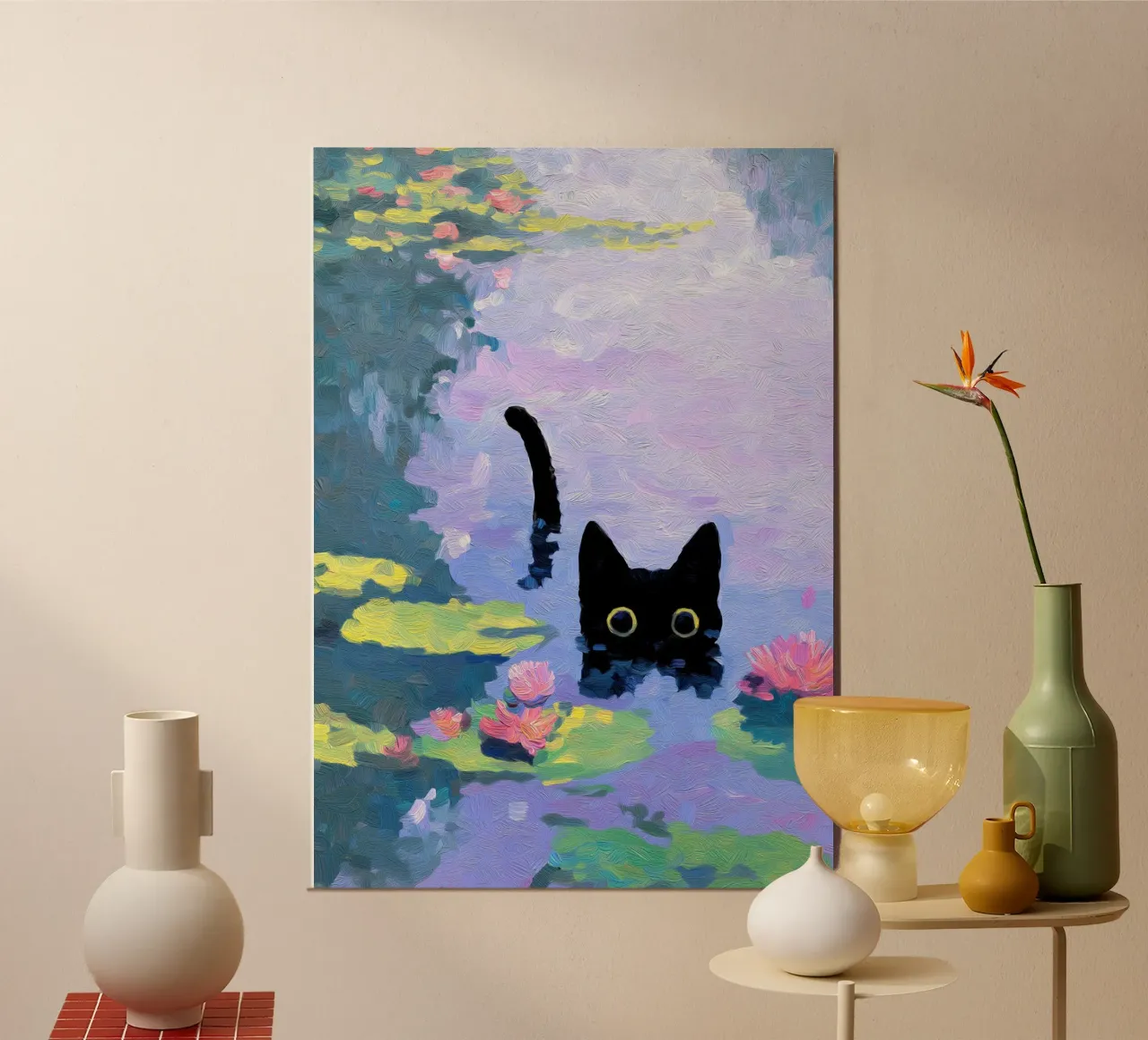 Gatto divertente che nuota poster con telaio in plastica da Fleur de Lys