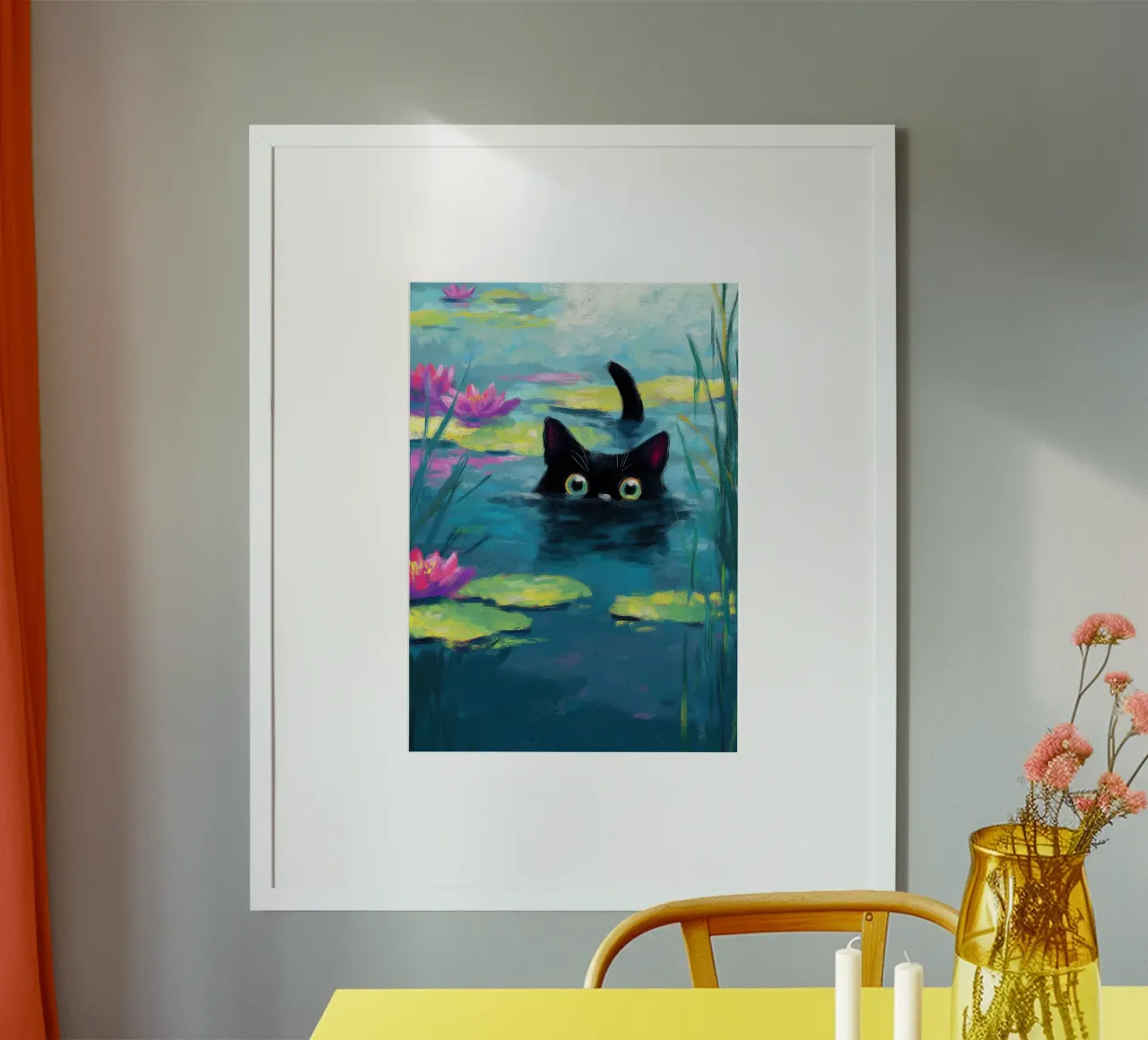 Divertente Gatto nero che nuota poster da Fleur de Lys