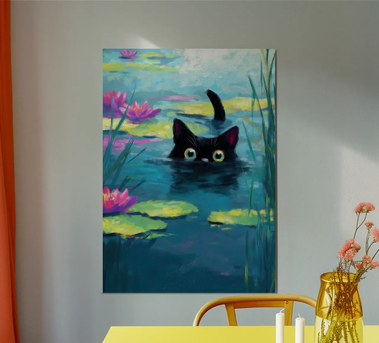 Divertente Gatto nero che nuota poster con telaio in alluminio da Fleur de Lys
