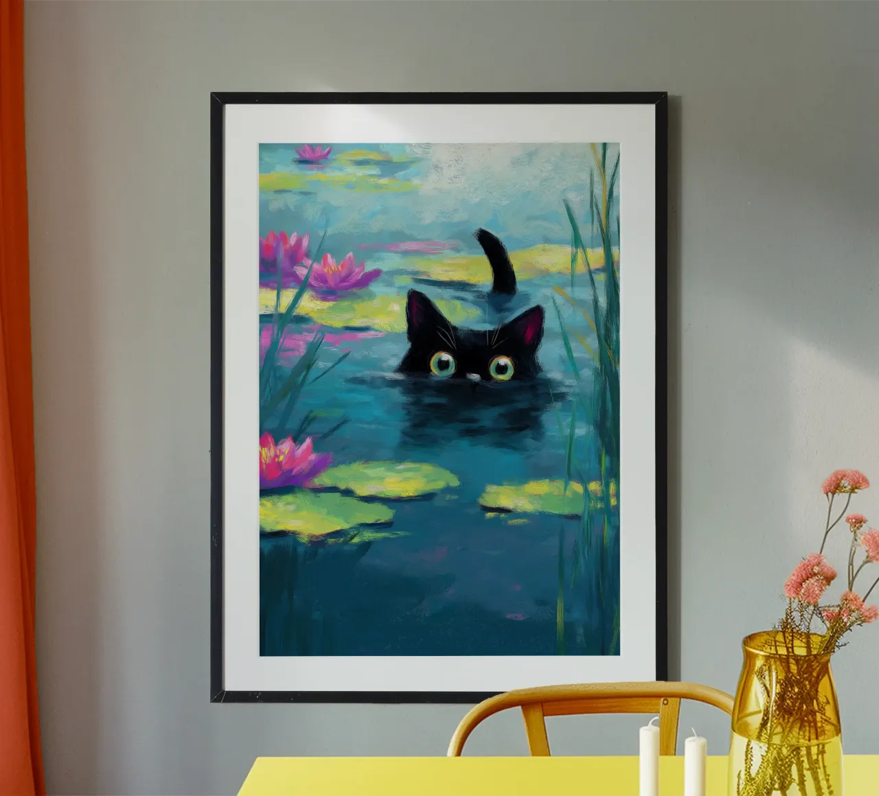 Divertente Gatto nero che nuota poster con telaio in alluminio da Fleur de Lys