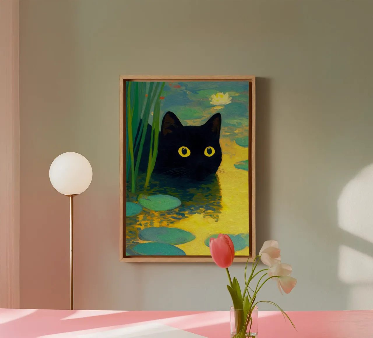 Funny Black Cat Swimming in Water canvas with Floater frame by Fleur de Lys