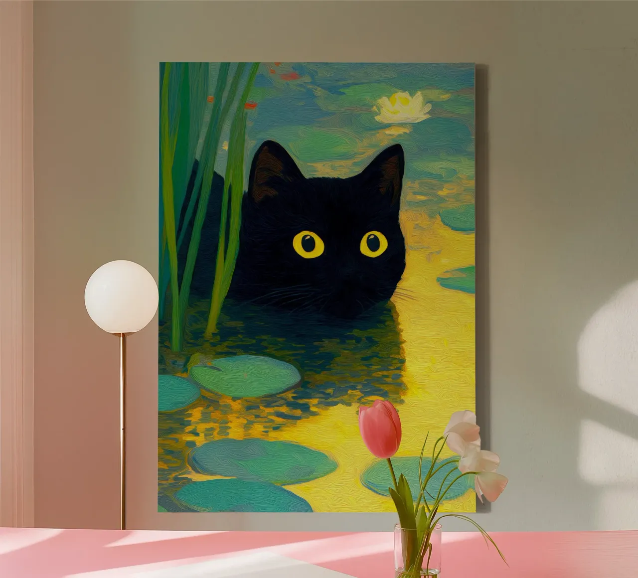 Funny Black Cat Swimming in Water canvas with Floater frame by Fleur de Lys