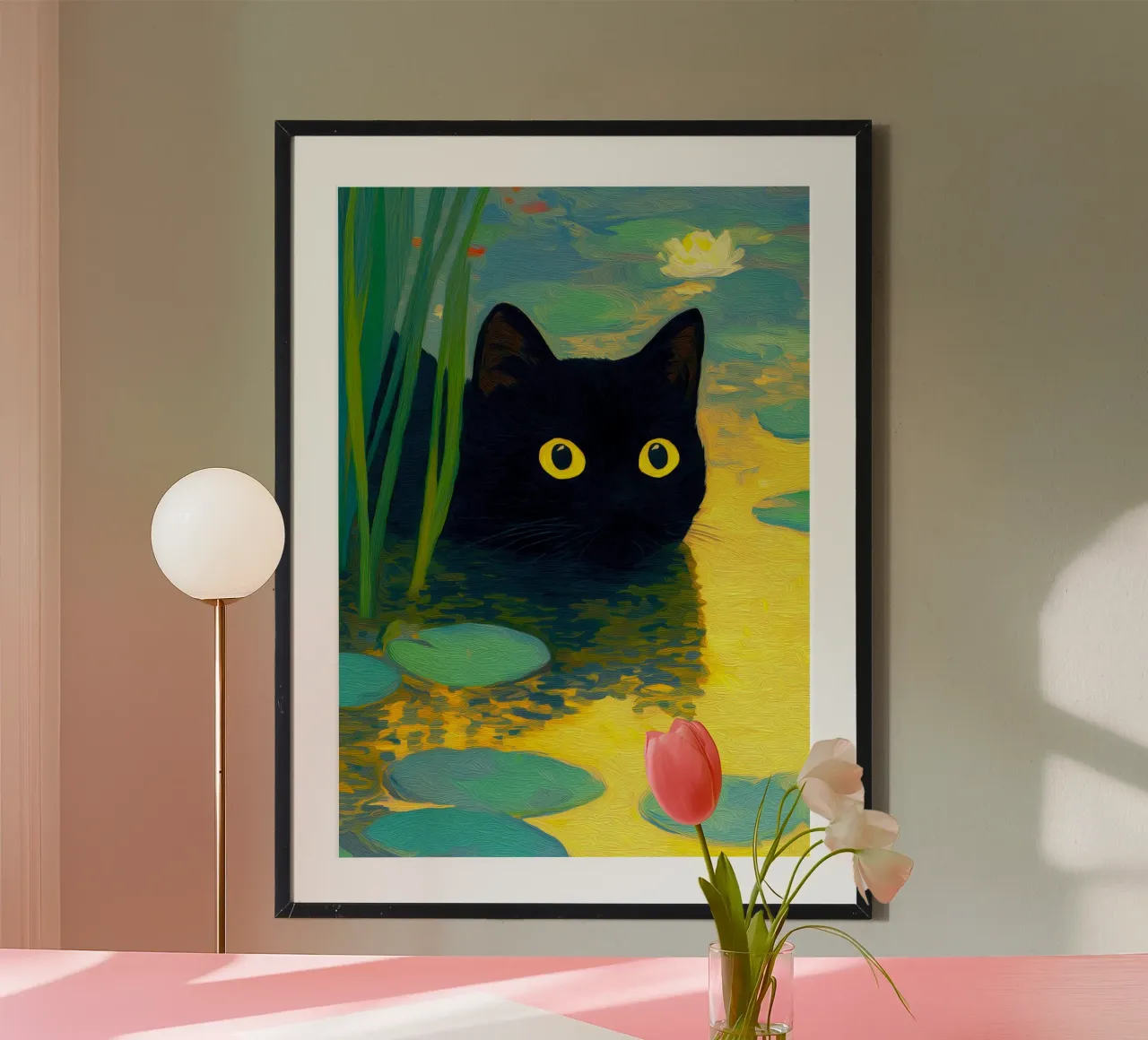 Drôle de chat noir nageant dans l'eau poster avec cadre en aluminium de Fleur de Lys