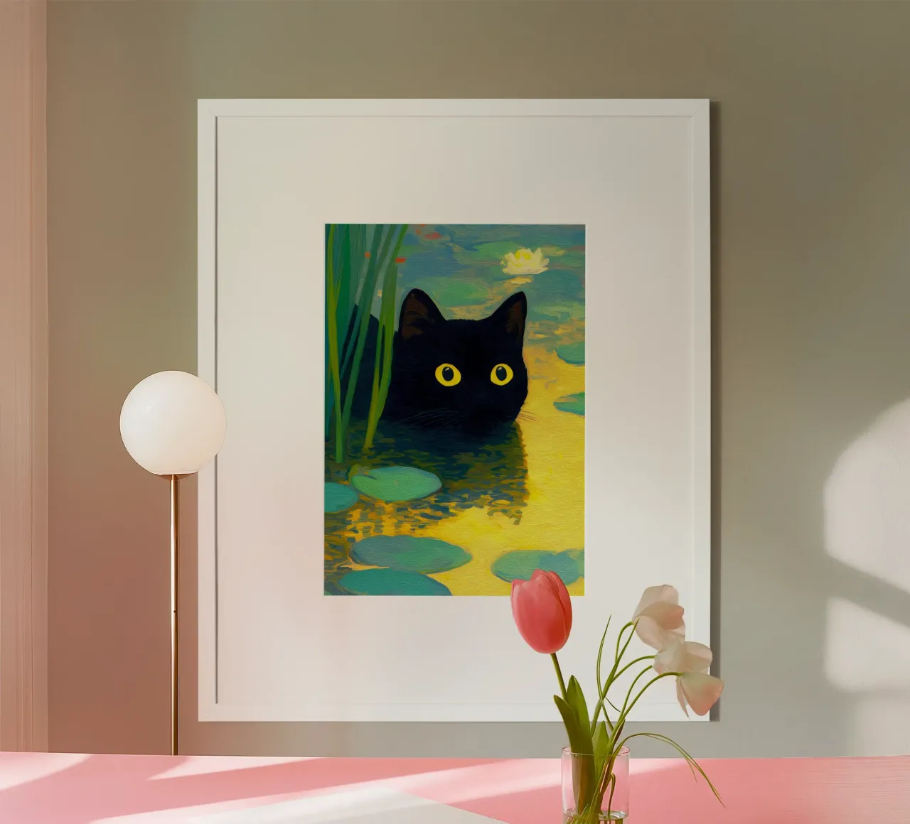 Drôle de chat noir nageant dans l'eau poster avec cadre en aluminium de Fleur de Lys