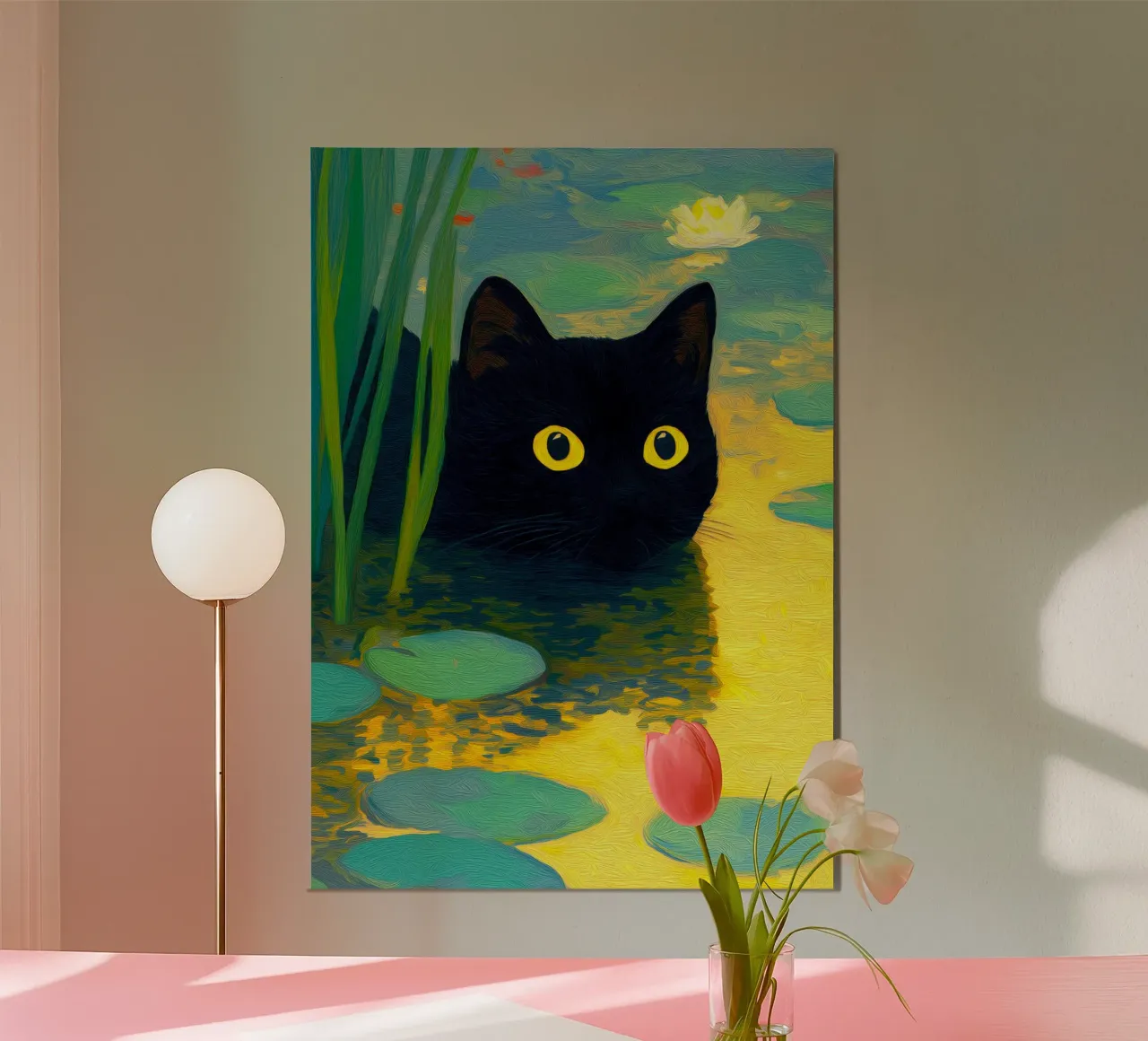 Drôle de chat noir nageant dans l'eau poster avec cadre en aluminium de Fleur de Lys