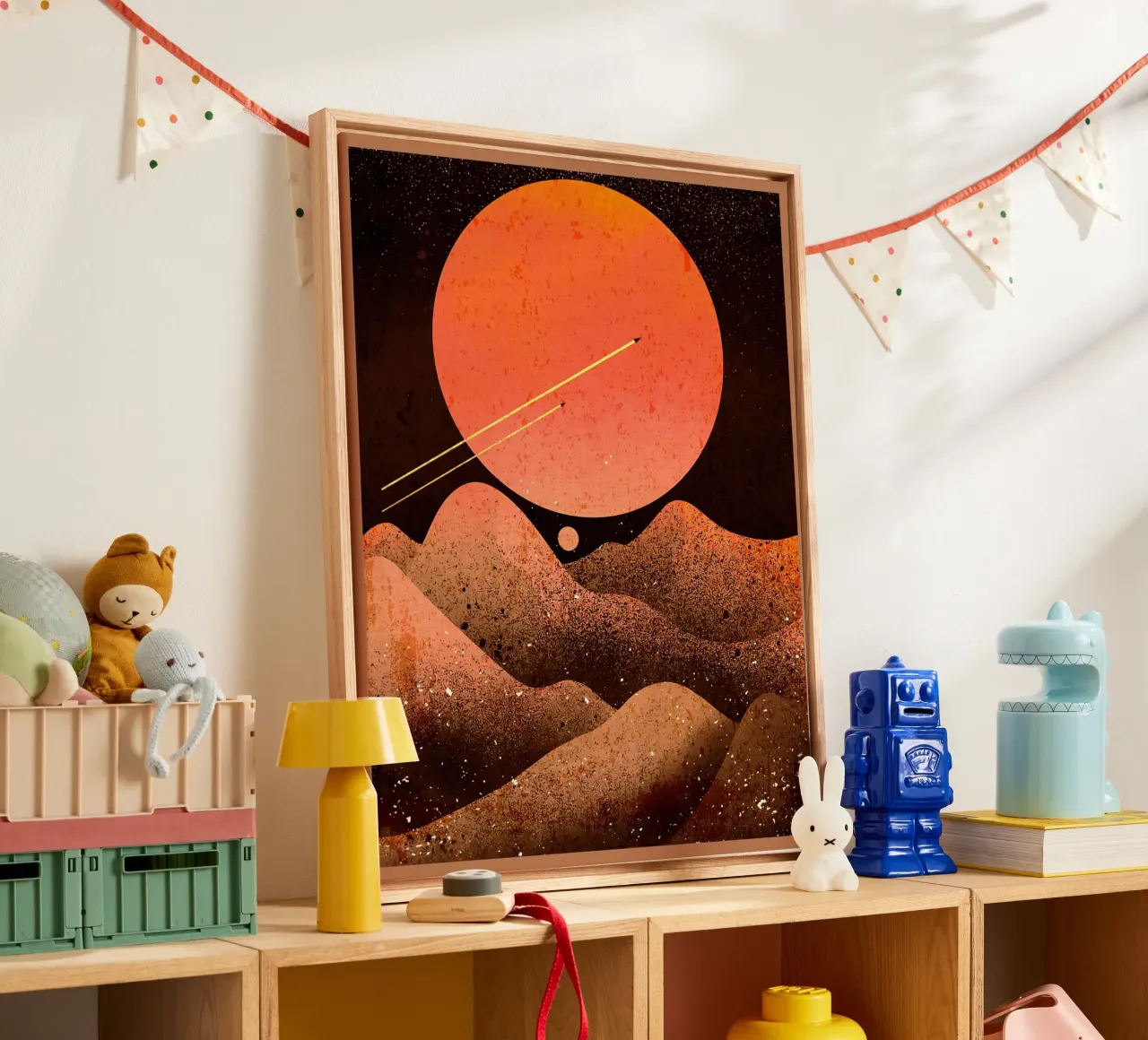 sun moon mountains space canvas with Floater frame by Christine N Shay