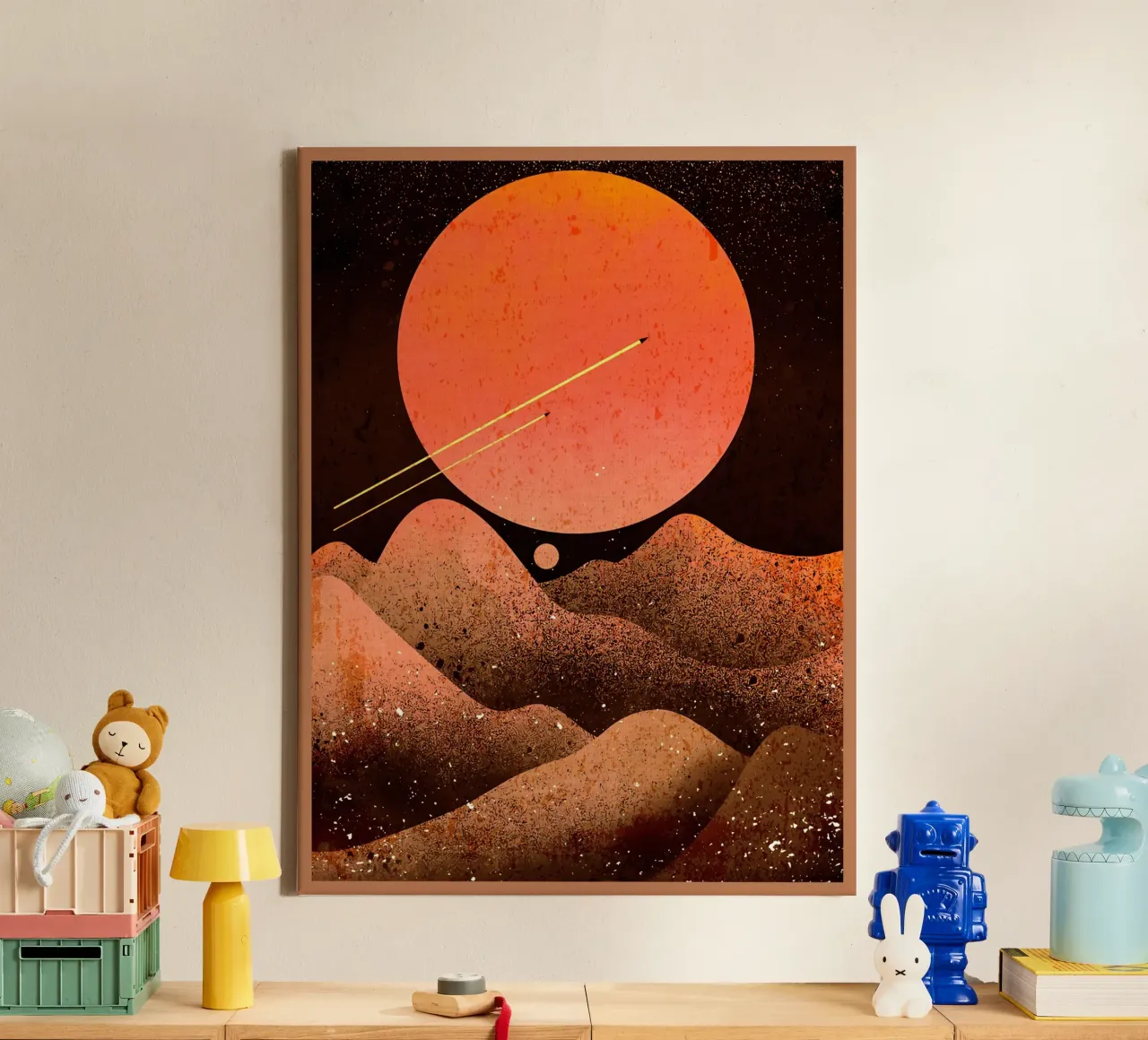 sun moon mountains space canvas with Floater frame by Christine N Shay