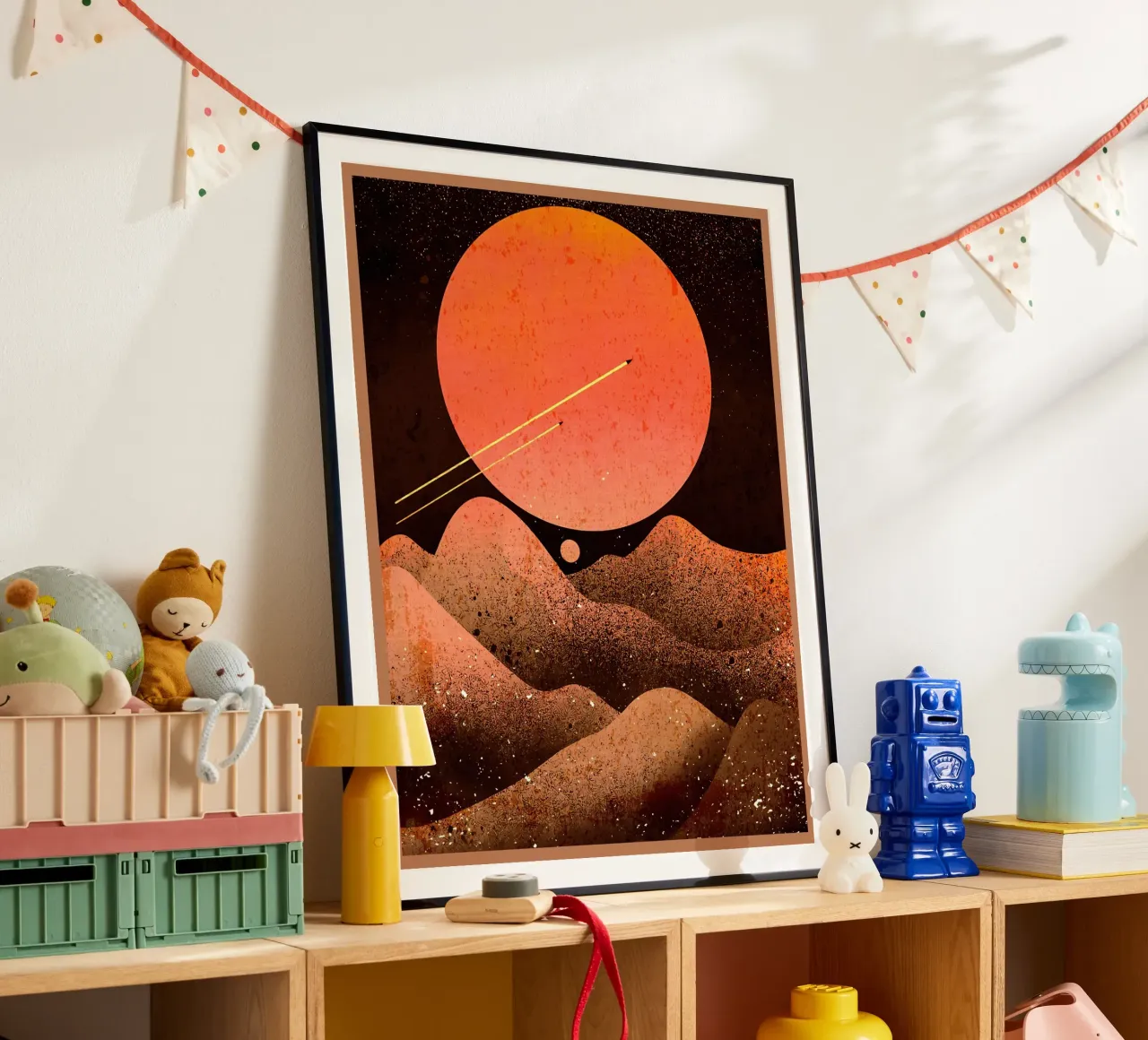 sole luna montagne spazio poster con telaio in alluminio da Christine N Shay