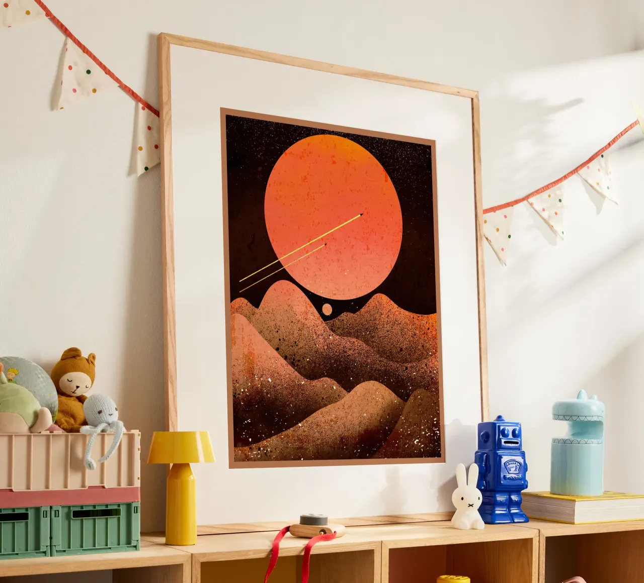 sole luna montagne spazio poster con telaio in alluminio da Christine N Shay