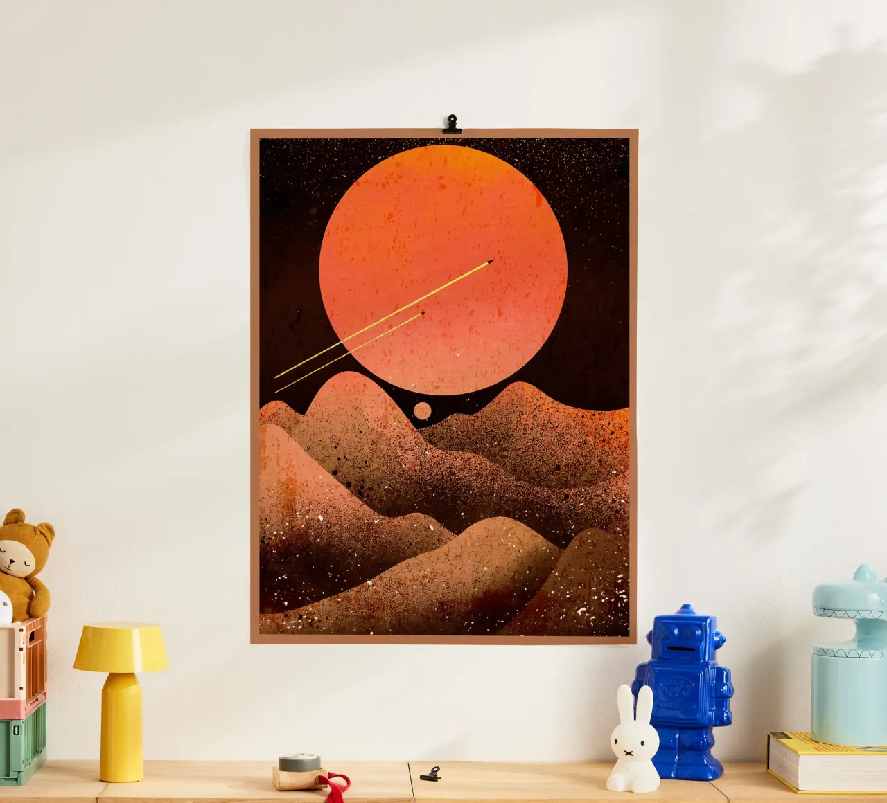 sole luna montagne spazio poster con telaio in alluminio da Christine N Shay