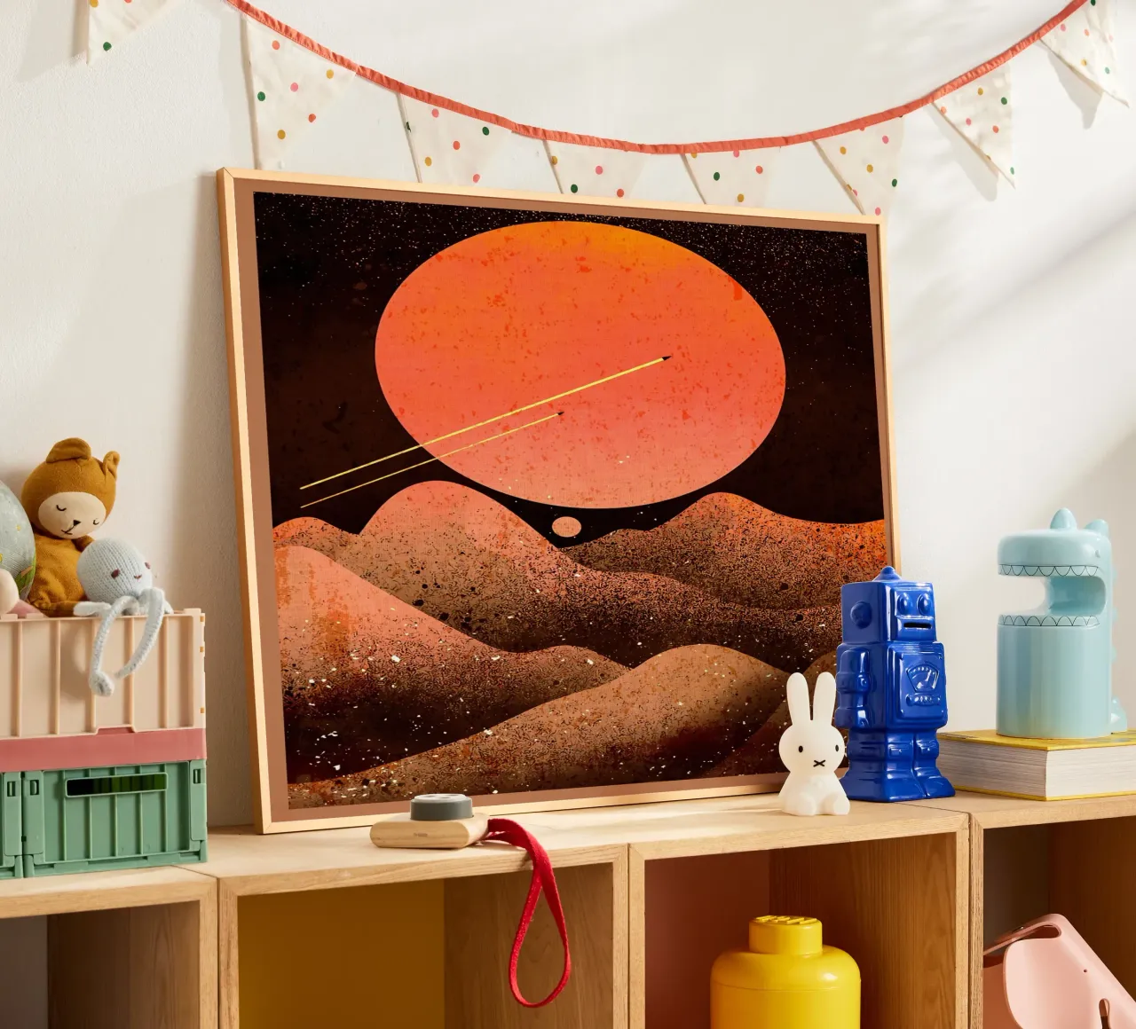 sole luna montagne spazio poster con telaio in alluminio da Christine N Shay