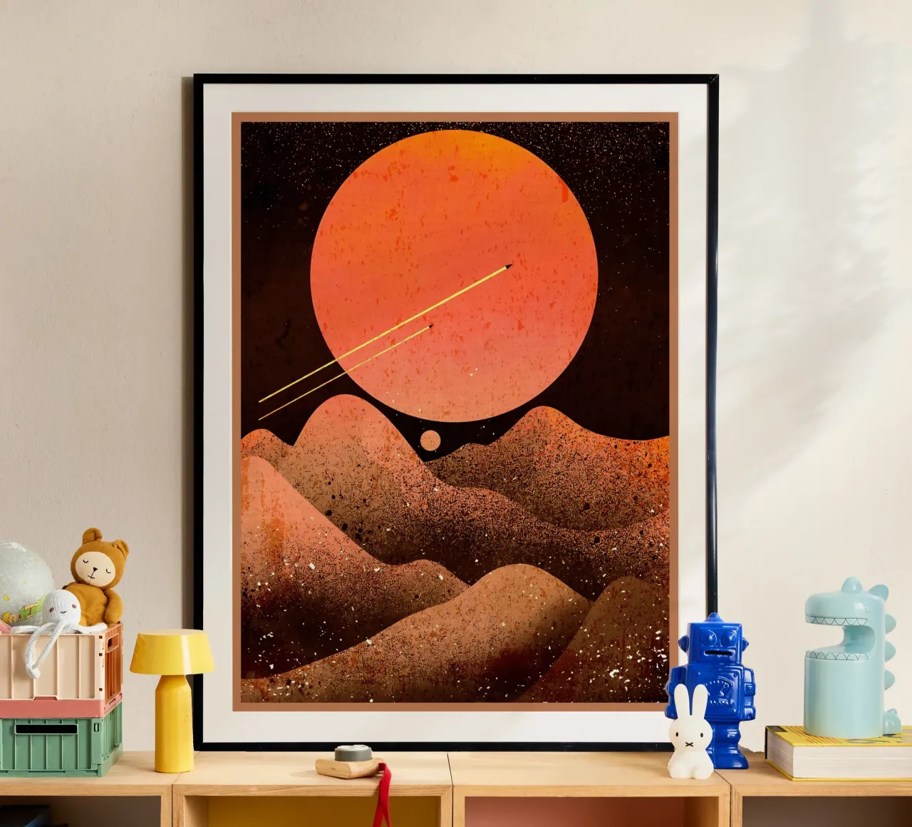 sole luna montagne spazio poster con telaio in alluminio da Christine N Shay