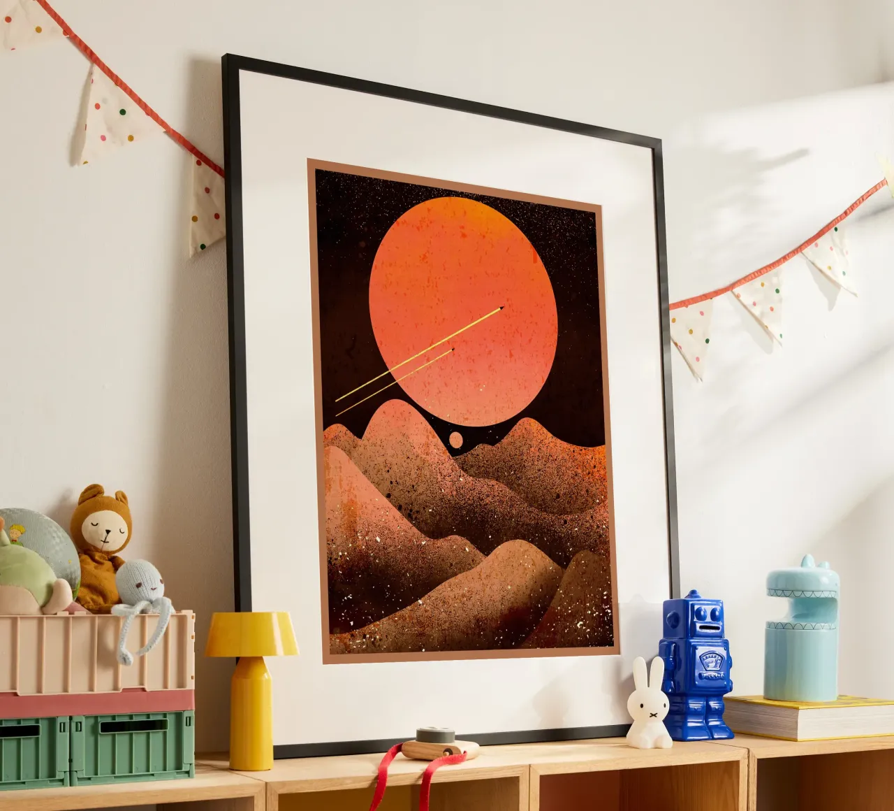 sole luna montagne spazio poster con telaio in alluminio da Christine N Shay