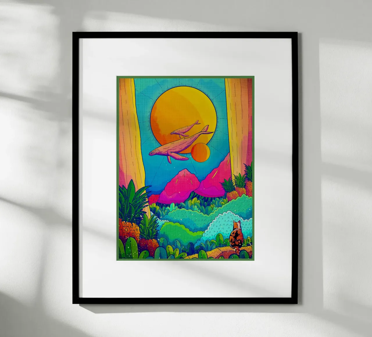 balene sole montagne alberi poster con telaio in legno da Christine N Shay