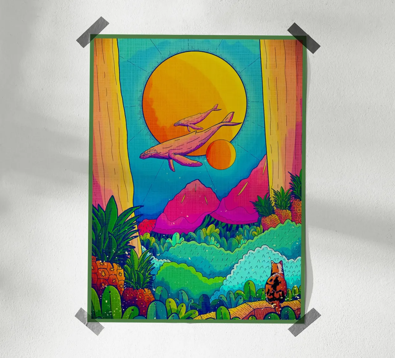 balene sole montagne alberi poster con telaio in legno da Christine N Shay