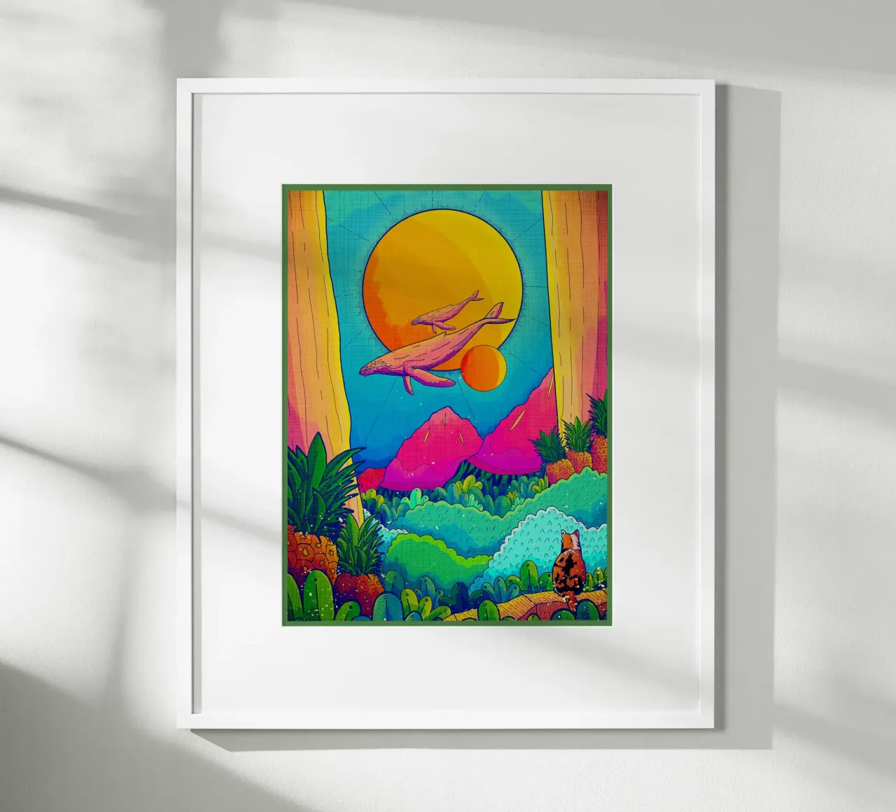balene sole montagne alberi poster con telaio in legno da Christine N Shay