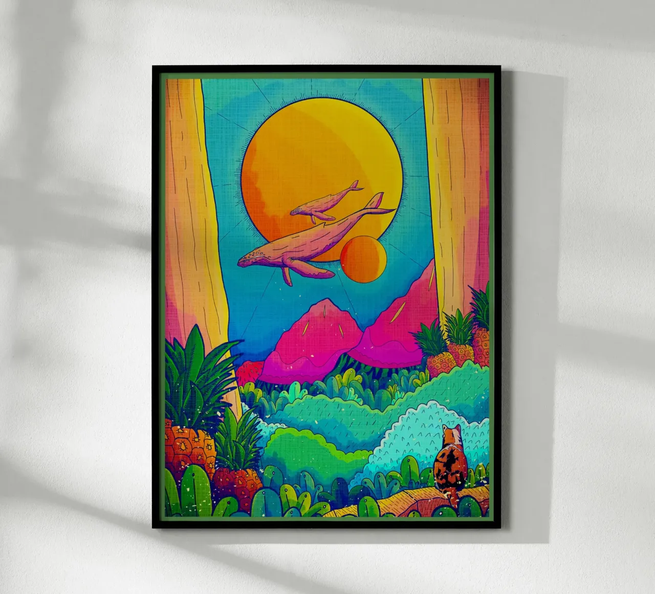 balene sole montagne alberi poster con telaio in legno da Christine N Shay
