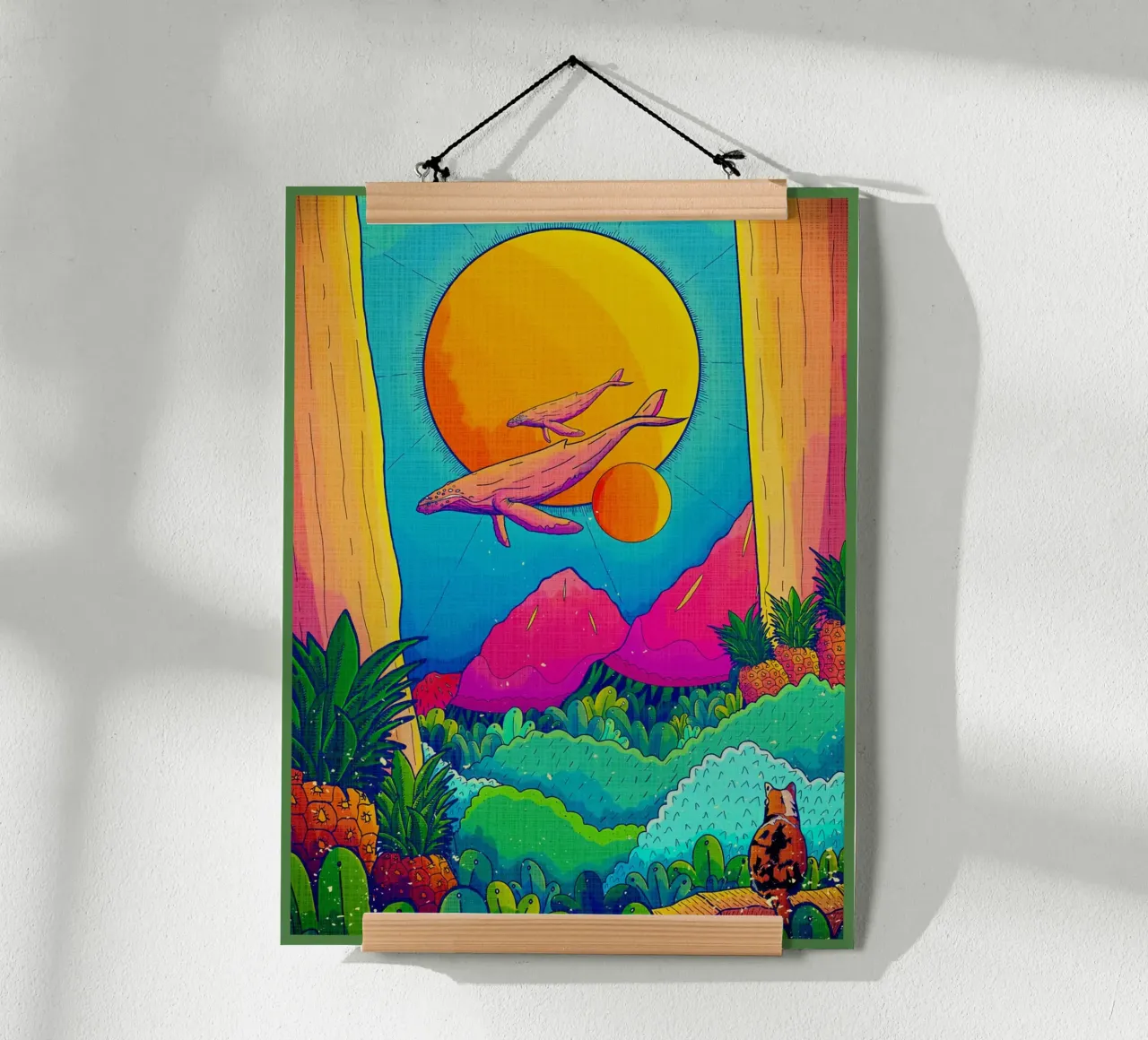 balene sole montagne alberi poster con telaio in legno da Christine N Shay