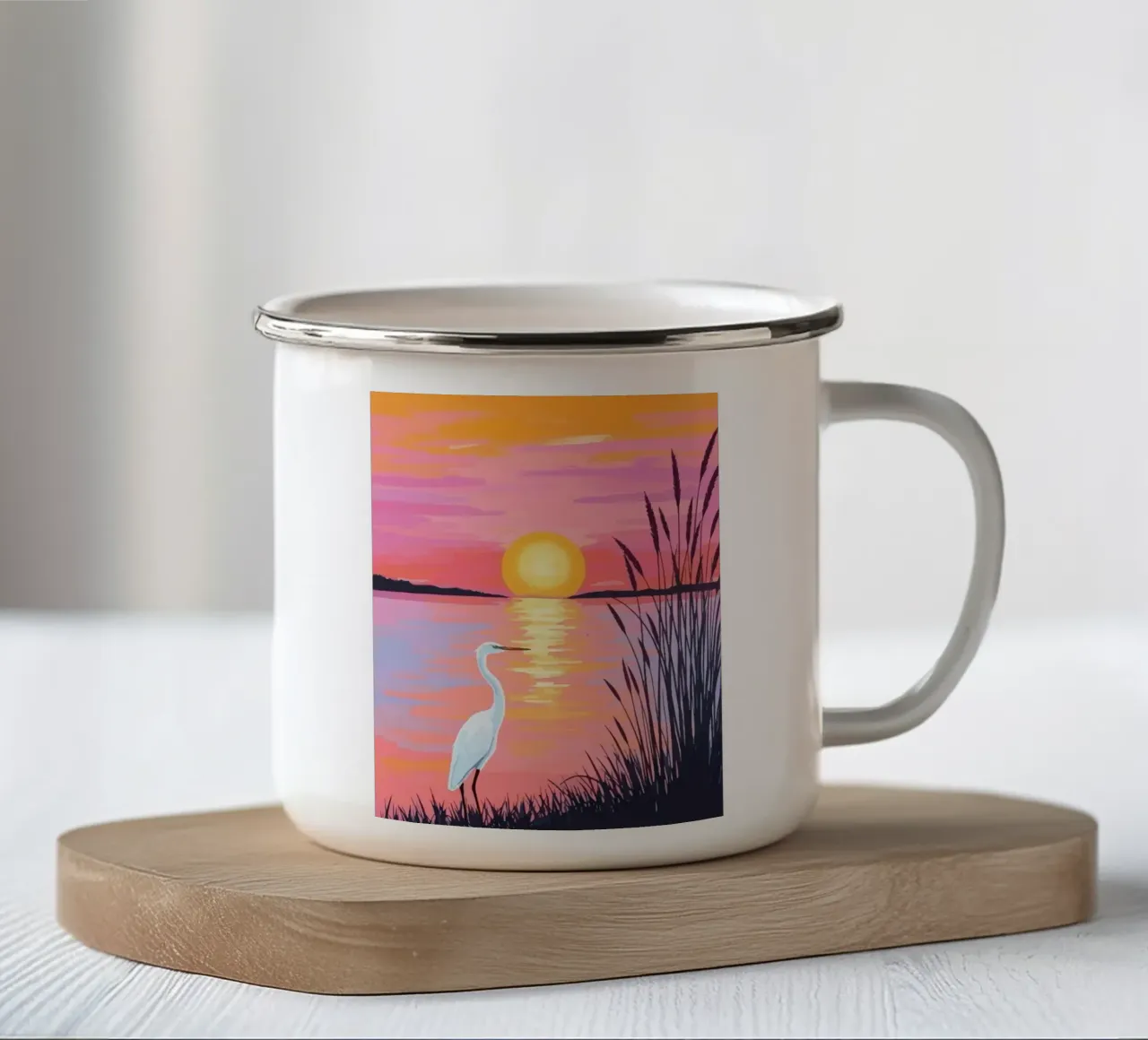 egret on the river bank at sunset tazza in smalto da Dumery Art