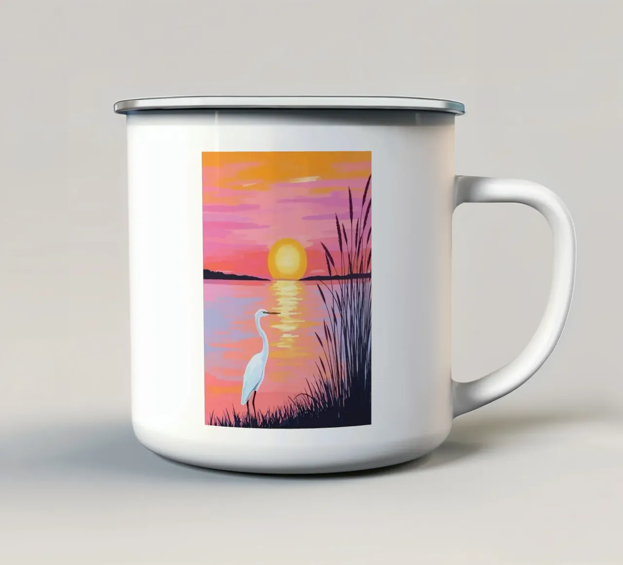 egret on the river bank at sunset tazza in smalto da Dumery Art