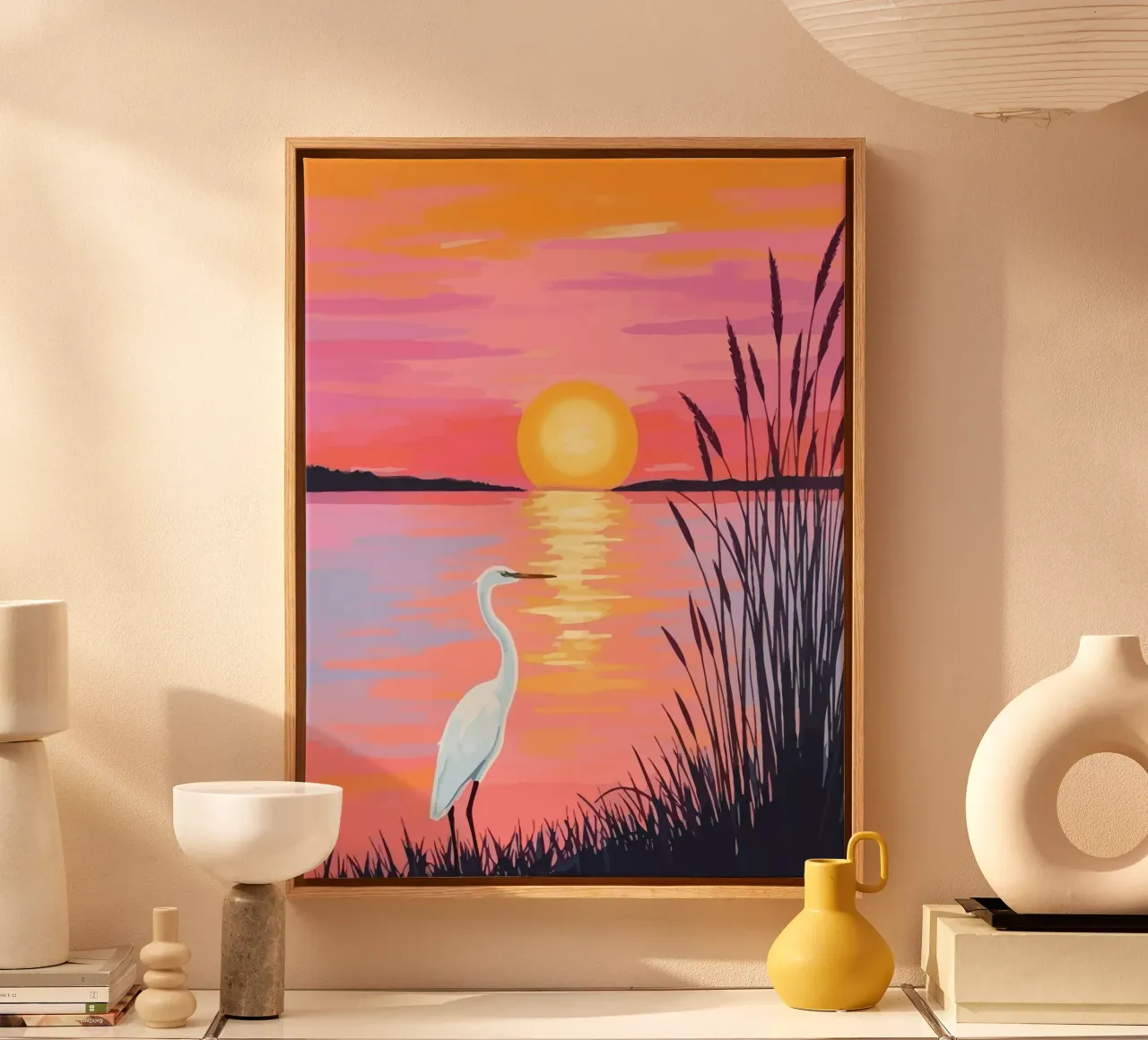 egret on the river bank at sunset canvas with Floater frame by Dumery Art