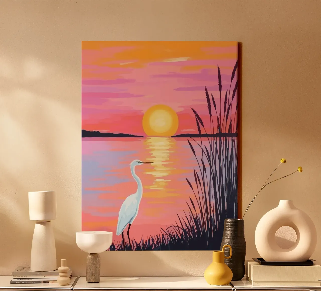 egret on the river bank at sunset canvas with Floater frame by Dumery Art