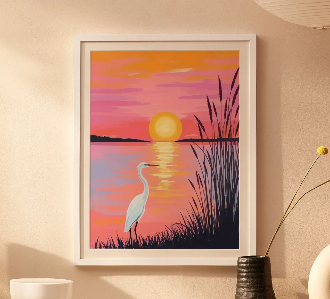 egret on the river bank at sunset poster con telaio in plastica da Dumery Art