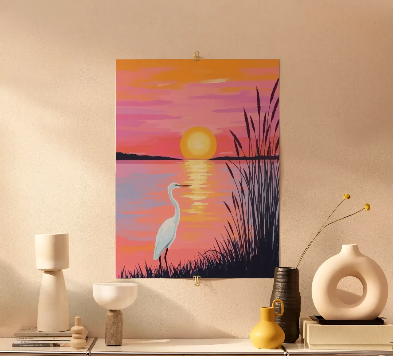 egret on the river bank at sunset poster con telaio in plastica da Dumery Art