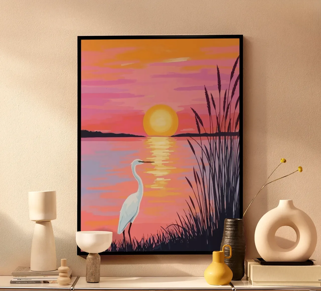 egret on the river bank at sunset poster con telaio in plastica da Dumery Art