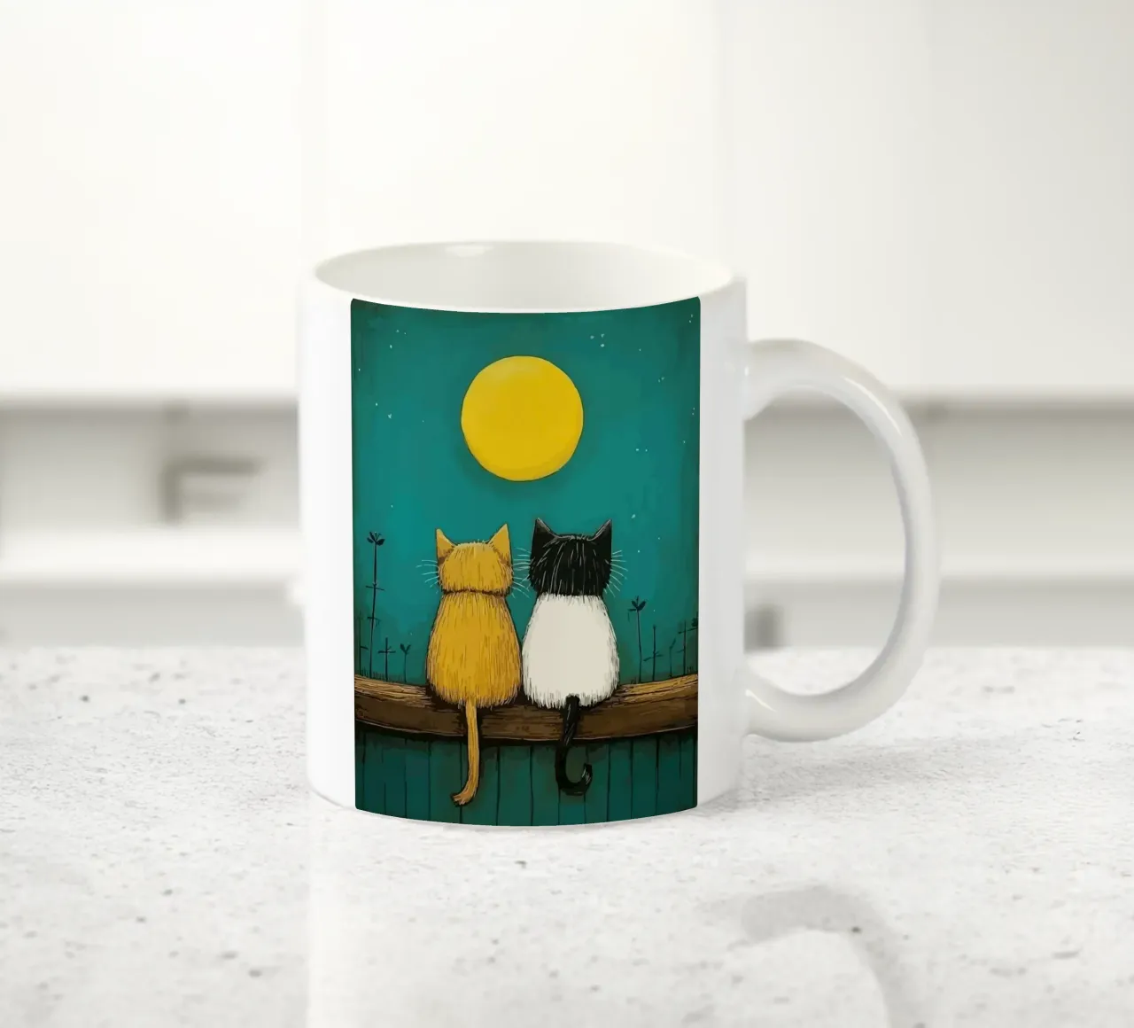 a pair of cats under the full moon tazza in ceramica da Dumery Art