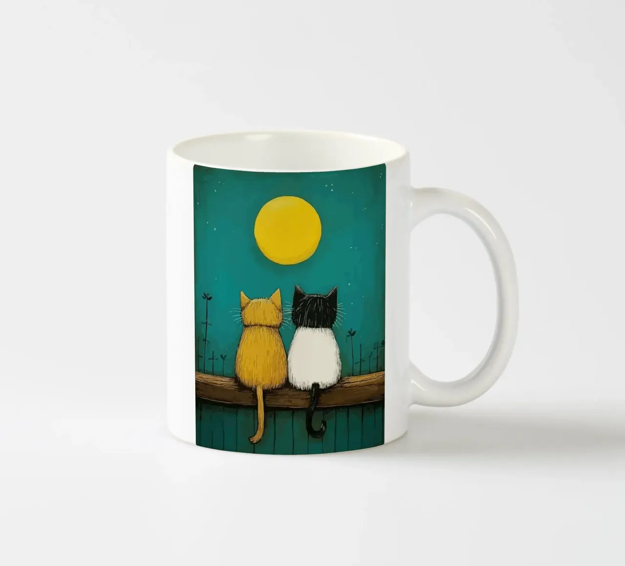 a pair of cats under the full moon tazza in ceramica da Dumery Art