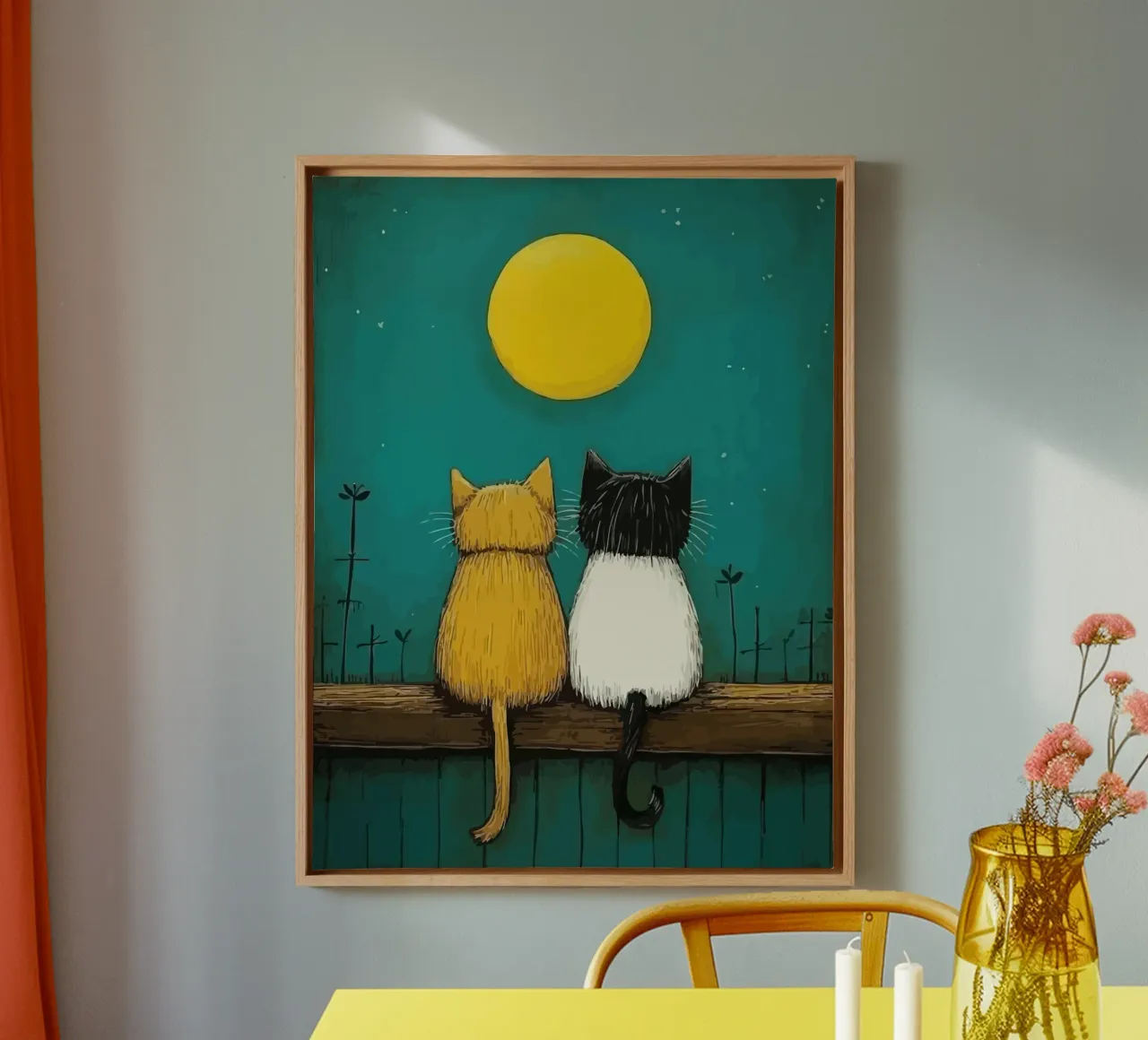 a pair of cats under the full moon Leinwand mit Schattenfugenrahmen von Dumery Art