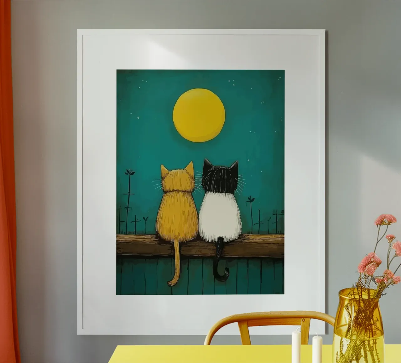 a pair of cats under the full moon poster con telaio in legno da Dumery Art