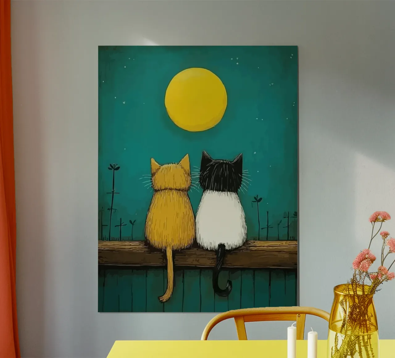 a pair of cats under the full moon poster con telaio in legno da Dumery Art
