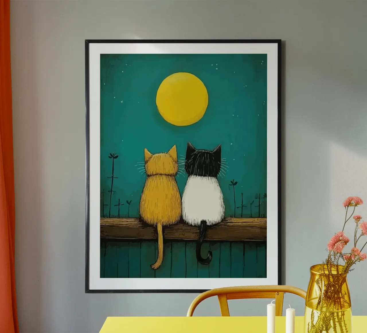 a pair of cats under the full moon poster con telaio in legno da Dumery Art