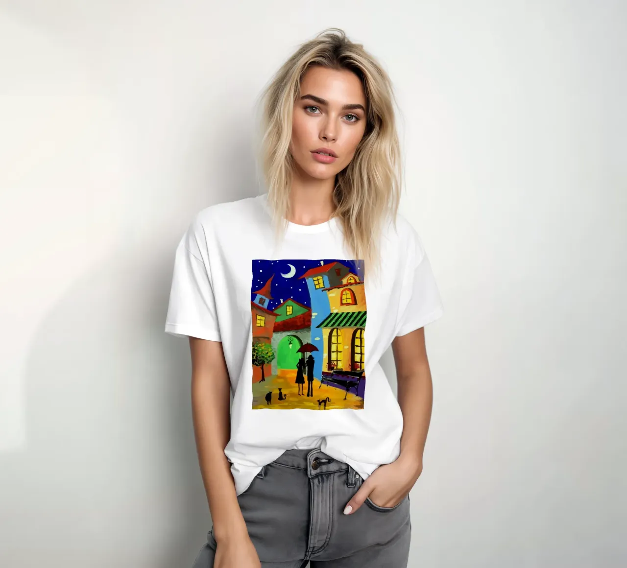 a couple of lovebirds and a cat at nigh t-shirt da Dumery Art