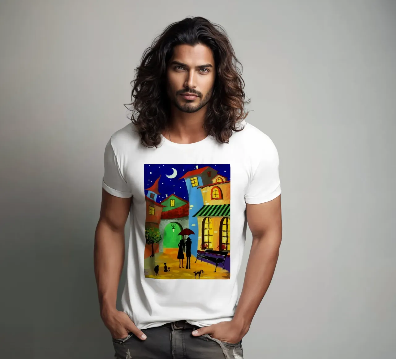 a couple of lovebirds and a cat at nigh t-shirt da Dumery Art