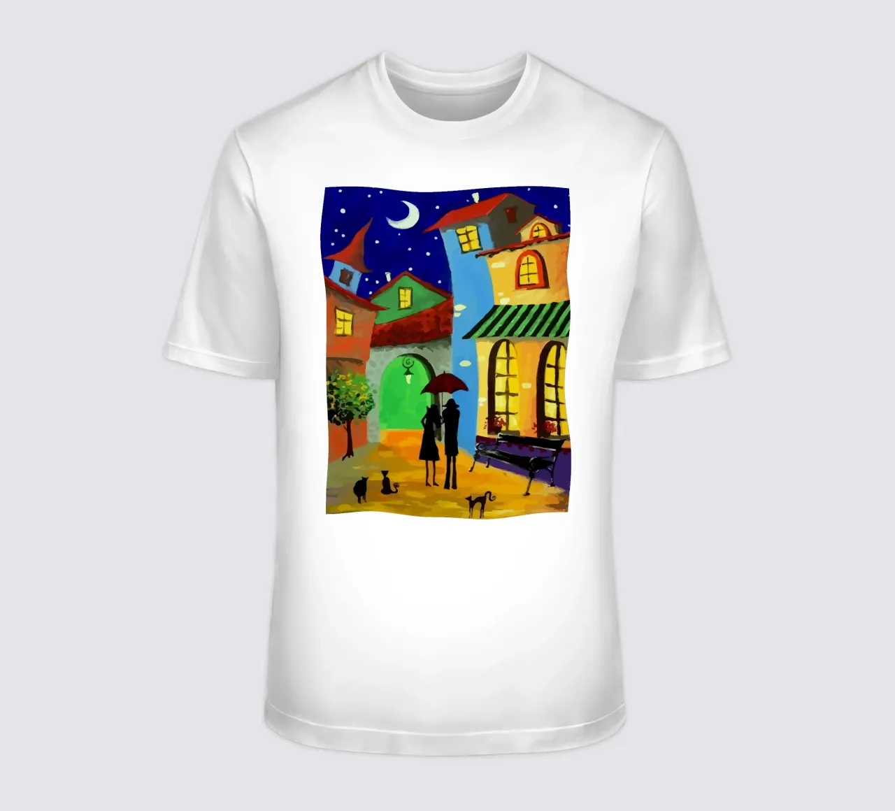a couple of lovebirds and a cat at nigh t-shirt da Dumery Art