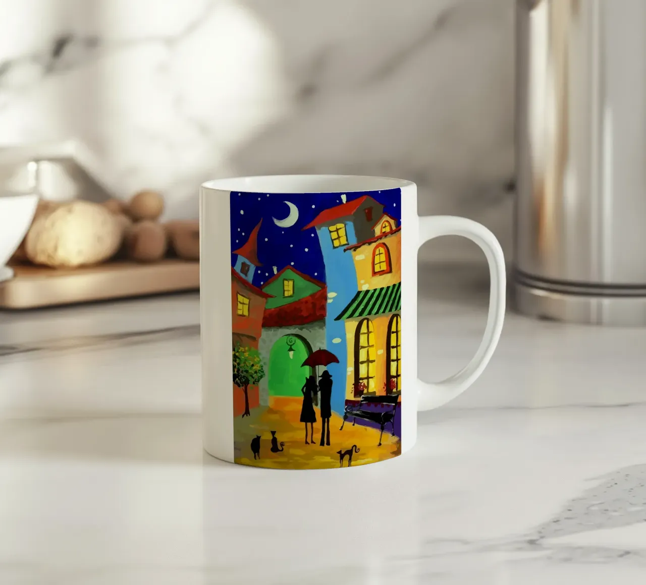 a couple of lovebirds and a cat at nigh tazza in ceramica da Dumery Art