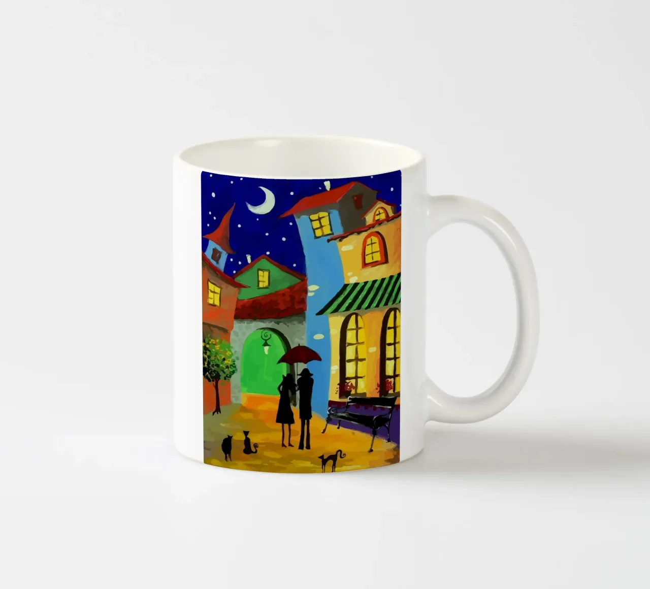 a couple of lovebirds and a cat at nigh tazza in ceramica da Dumery Art