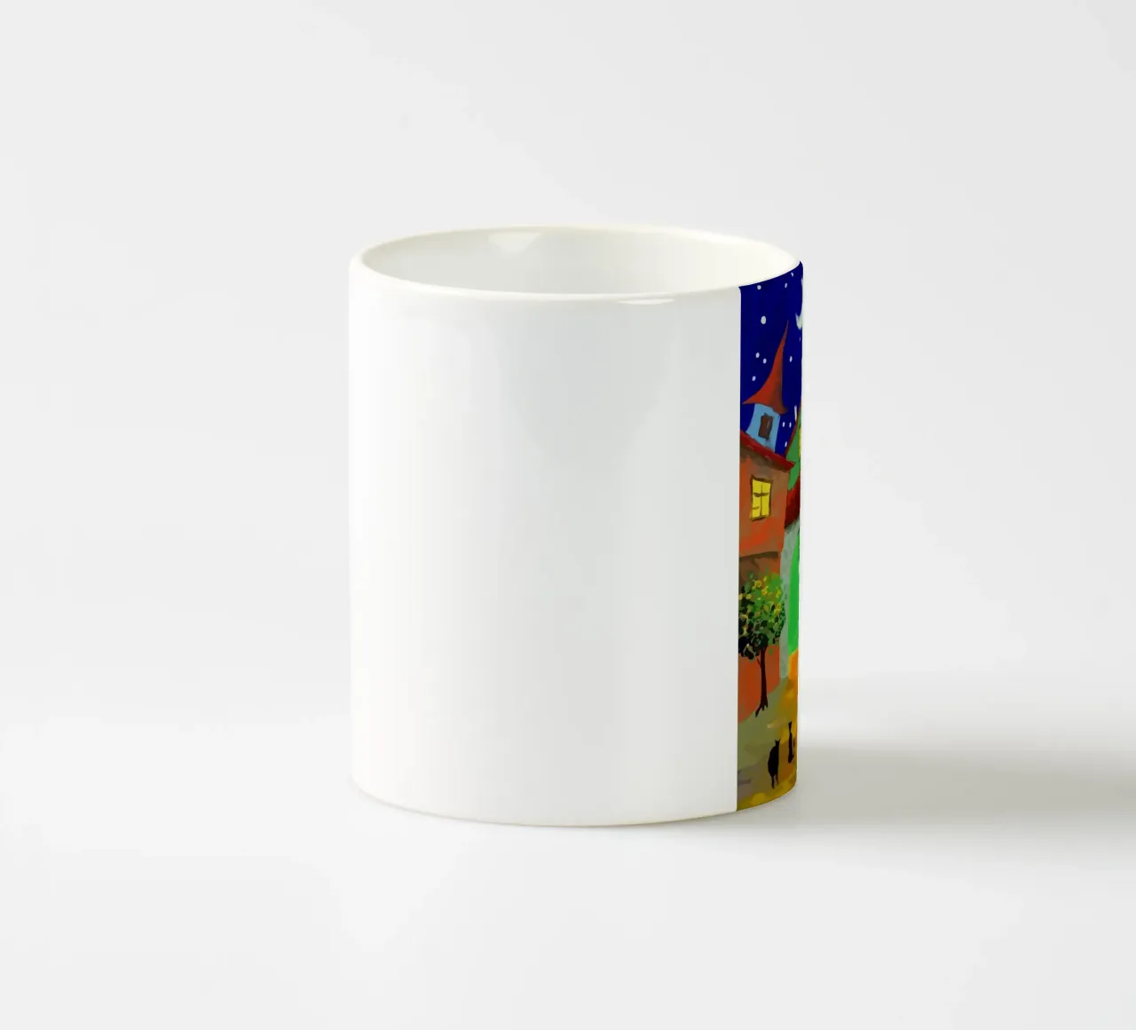 a couple of lovebirds and a cat at nigh tazza in ceramica da Dumery Art