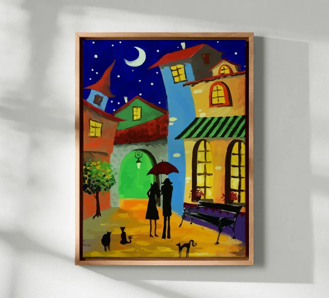 a couple of lovebirds and a cat at nigh tela con Cornice a cassetta da Dumery Art