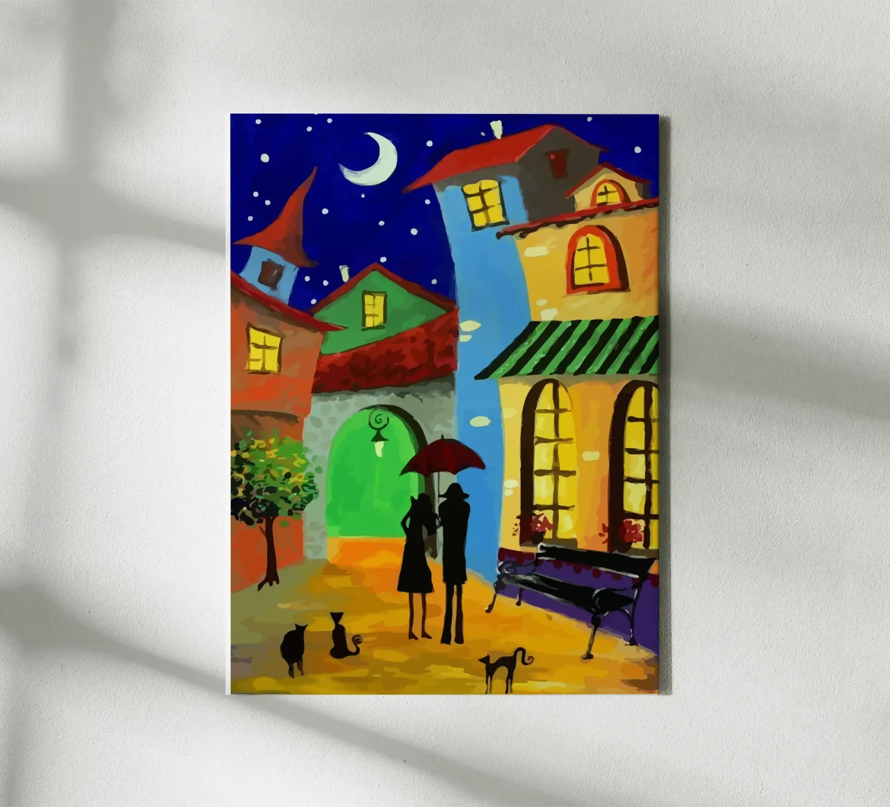 a couple of lovebirds and a cat at nigh tela con Cornice a cassetta da Dumery Art
