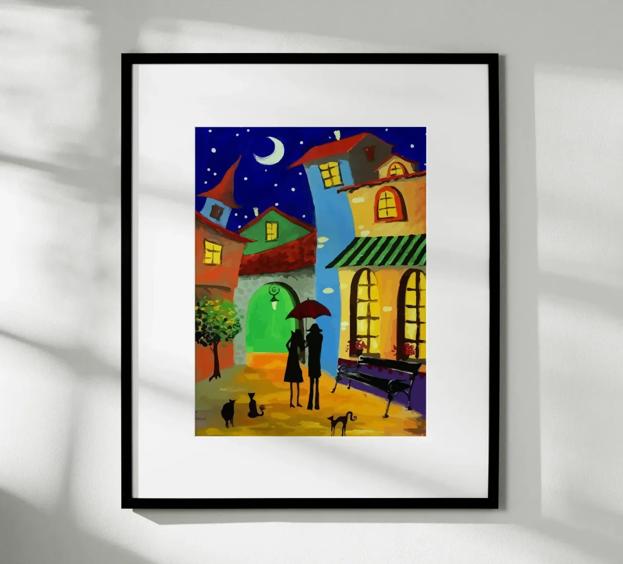 a couple of lovebirds and a cat at nigh poster con telaio in plastica da Dumery Art
