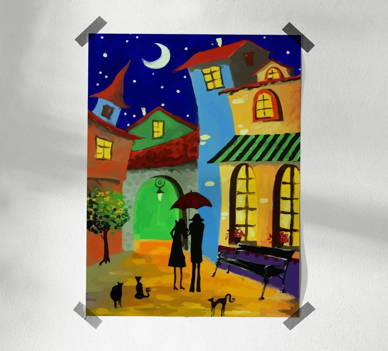 a couple of lovebirds and a cat at nigh poster con telaio in plastica da Dumery Art