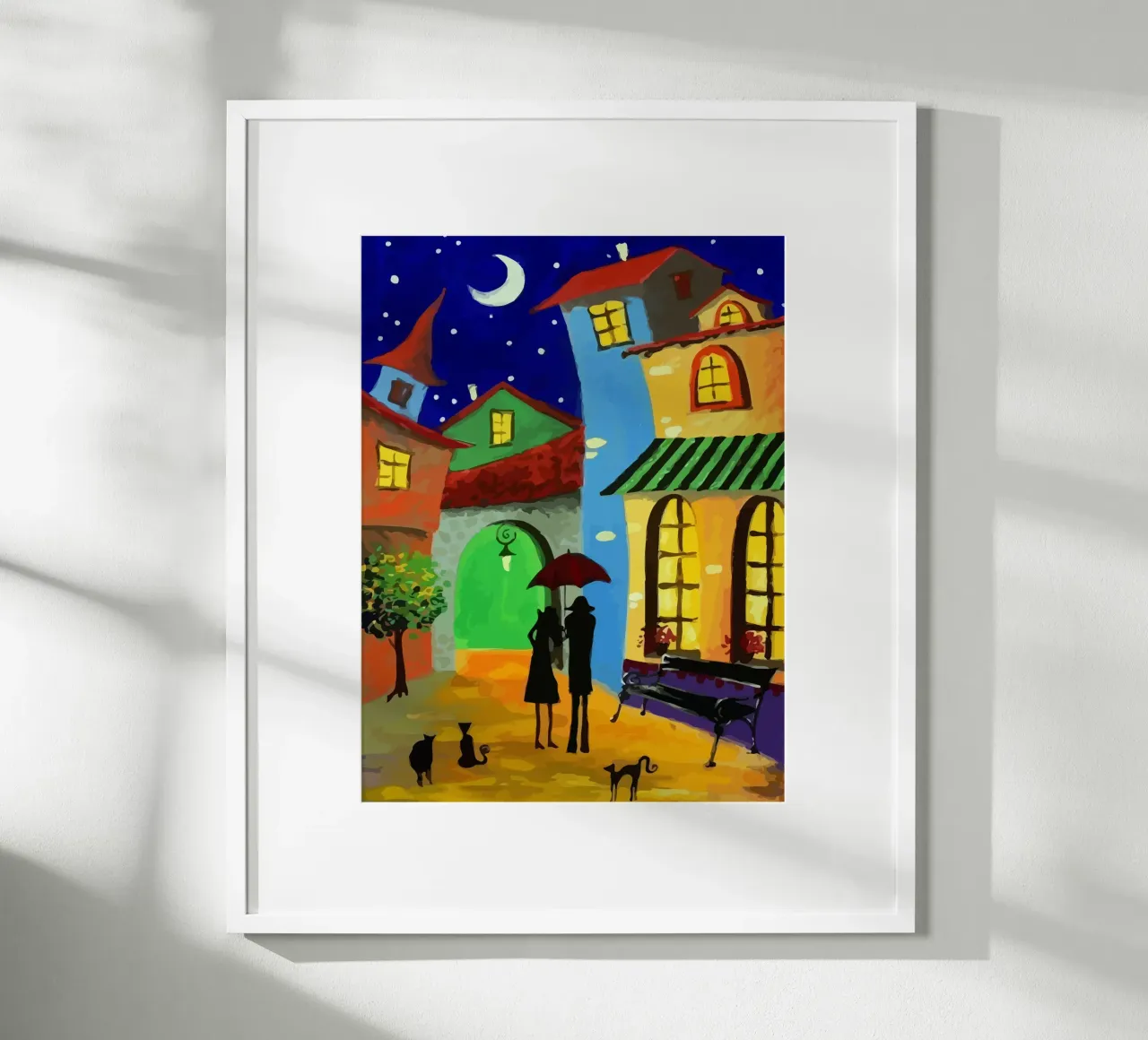 a couple of lovebirds and a cat at nigh poster con telaio in plastica da Dumery Art