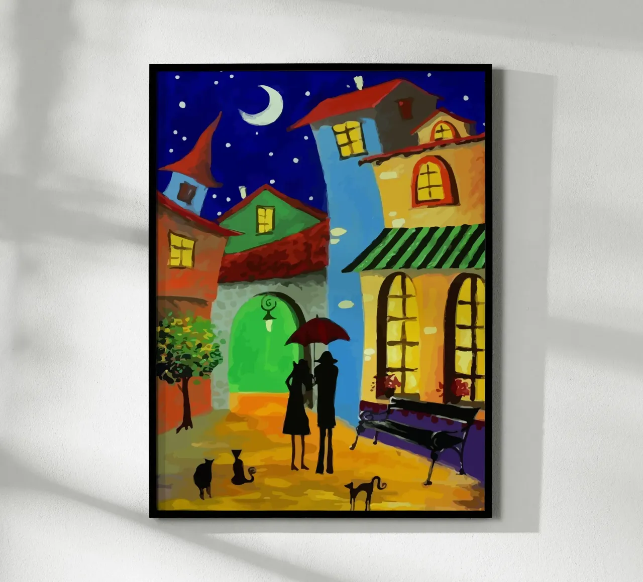 a couple of lovebirds and a cat at nigh poster con telaio in plastica da Dumery Art