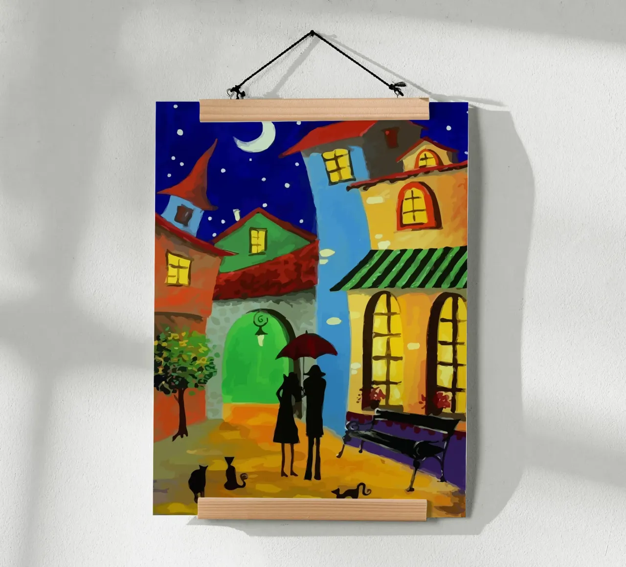 a couple of lovebirds and a cat at nigh poster con telaio in plastica da Dumery Art