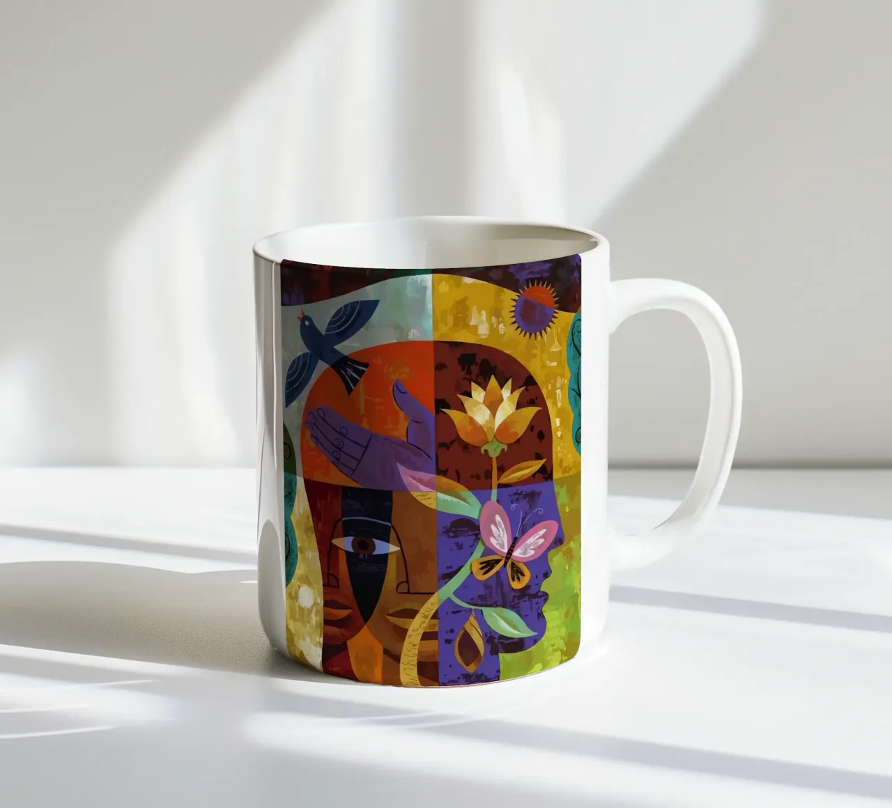 illustration of human face and bird tazza in ceramica da Dumery Art